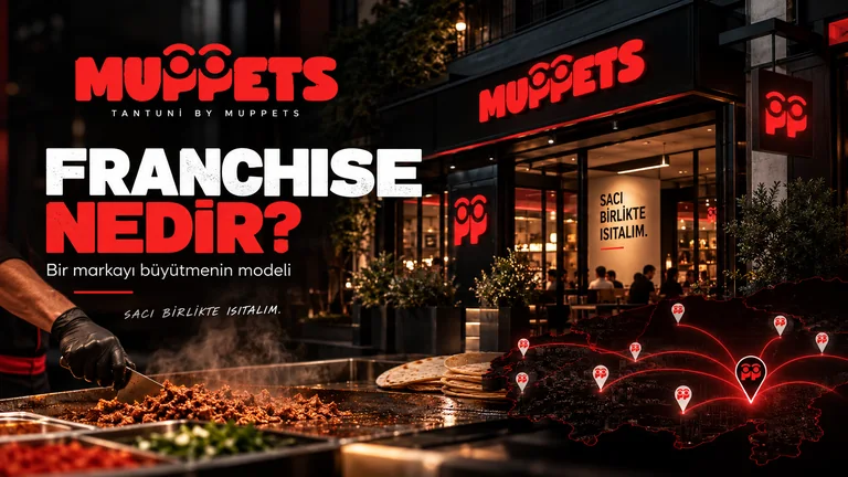 Franchise nedir? Gece ışıklı By Muppets restoranı önünde sacda tantuni hazırlanırken Türkiye haritasında şube noktaları