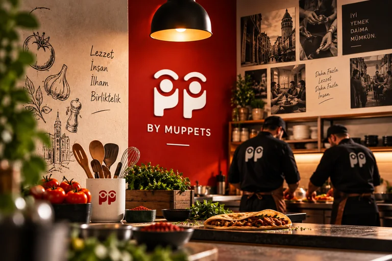 By Muppets mutfağı: kırmızı duvarda By Muppets logosu, tantuni hazırlayan aşçılar, taze malzemeler ve ilham duvarı