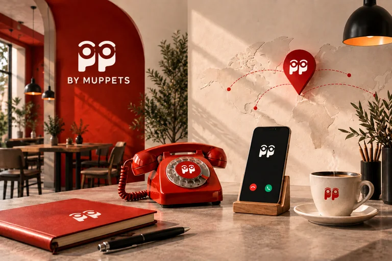 By Muppets iletişim: kırmızı telefon, By Muppets logolu telefon ekranı ve kahve fincanı